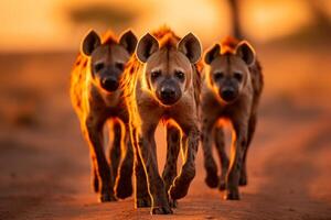 AI generated Hyena family roaming the african savanna at sunset, embarking on their evening hunt photo
