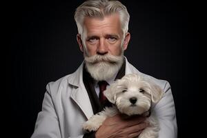 AI generated Veterinarian holding and examining adorable puppy for pet health and vaccination photo