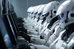 AI generated Row of robotic operators in a call center handling customer phone inquiries and providing assistance photo