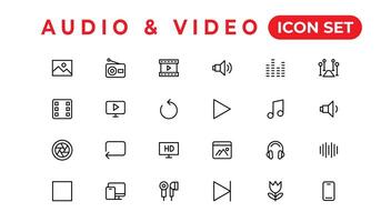 paquete de iconos de audio y video. conjunto de iconos de línea delgada. conjunto de colección de iconos planos. iconos vectoriales simples vector