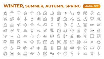 Spring, summer, autumn, and winter icon set. Weather icons. Weather forecast icon set. Clouds logo. Weather, clouds, sunny day, moon, snowflakes, wind, sun day. Outline icon collection. vector