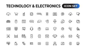 Technology and Electronics and Devices web icons in line style. Device, phone, laptop, communication, smartphone, ecommerce. Vector illustration.