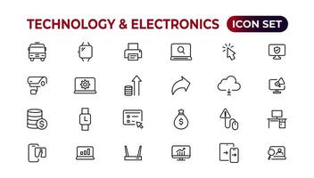 Technology and Electronics and Devices web icons in line style. Device, phone, laptop, communication, smartphone, ecommerce. Vector illustration.