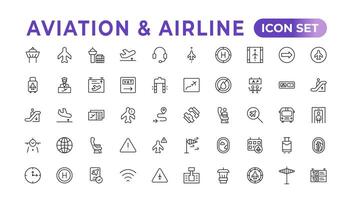 avión icono recopilación. avión vector. vuelo transporte símbolo. viaje concepto.conjunto de vector línea icono. eso contiene símbolos de aeronave, crédito tarjetas, carteras, dólares, dinero globo. contorno icono colocar.