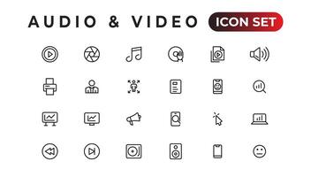 paquete de iconos de audio y video. conjunto de iconos de línea delgada. conjunto de colección de iconos planos. iconos vectoriales simples vector