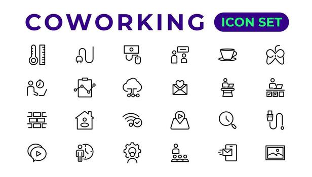 Coworking Service Vector Icons Set Collection. Coworking space office thin line icons set. Editable vector icon.