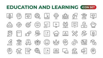 Education line icon collection.Contains knowledge, college, task list, design, training, idea, teacher, file, graduation hat, institute, ruler, and telescope. vector