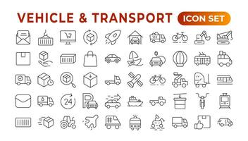 transporte, vehículo, y entrega elementos - mínimo linea fina web icono colocar. contorno íconos recopilación. auto, bicicleta, scooter, excavadora, autobús, cable, auto, helicóptero. vector