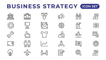 Business strategy set of web icons in line style. Business solutions icons for web and mobile app. Action List, research, solution, team, marketing, startup, advertising, business process vector