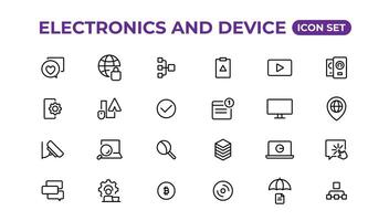 electrónica y dispositivo líneas icono colocar. electrónico dispositivos y artilugio, computadora, equipo y electrónica. computadora monitor, teléfono inteligente, tableta y ordenador portátil sumbol recopilación. vector