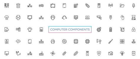 Vector icons of computer components. Editable Stroke. Parts of a PC, such as RAM memory, hdd ssd cpu processor. Keyboard mouse headphone speakers, laptop monitor server. Webcam printer scanner