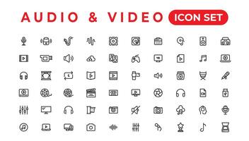 paquete de iconos de audio y video. conjunto de iconos de línea delgada. conjunto de colección de iconos planos. iconos vectoriales simples vector