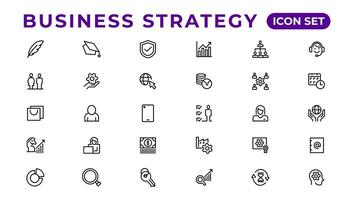 Business strategy set of web icons in line style. Business solutions icons for web and mobile app. Action List, research, solution, team, marketing, startup, advertising, business process vector