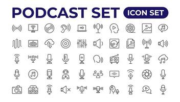 podcast icono recopilación. conteniendo audio, micrófono, registro, podcasting, radiodifusión.esquema icono recopilación. vector