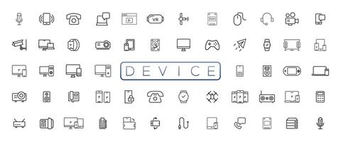 Device and technology line icon set. Electronic devices and gadgets, computer, equipment and electronics. Computer monitor, smartphone, tablet and laptop sumbol collection vector