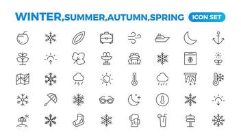 Spring, summer, autumn, and winter icon set. Weather icons. Weather forecast icon set. Clouds logo. Weather, clouds, sunny day, moon, snowflakes, wind, sun day. Outline icon collection. vector