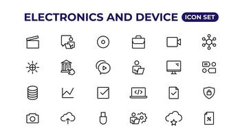 electrónica y dispositivo líneas icono colocar. electrónico dispositivos y artilugio, computadora, equipo y electrónica. computadora monitor, teléfono inteligente, tableta y ordenador portátil sumbol recopilación. vector