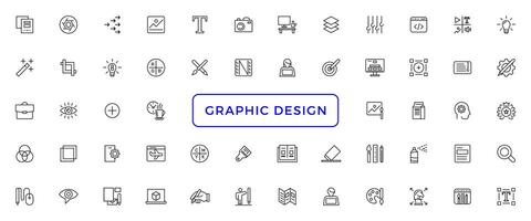 Set of thin line icons of graphic design. Simple linear icons in a modern style flat, Creative Process. Graphic design, creative package, stationary, software vector