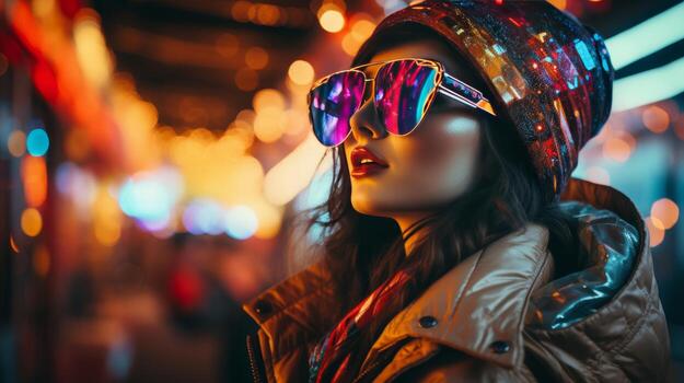 ai generado de cerca de asiático mujer experimentando aumentado realidad con Arkansas lentes y mezclado realidad auriculares foto