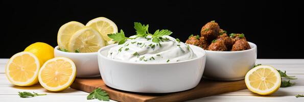 AI generated Fish meatballs with tartar sauce and lemon. Delicious seafood dish. Banner photo