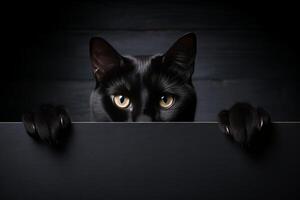 AI generated Spooky halloween black cat holding a blank sign mockup with space for text on dark background photo