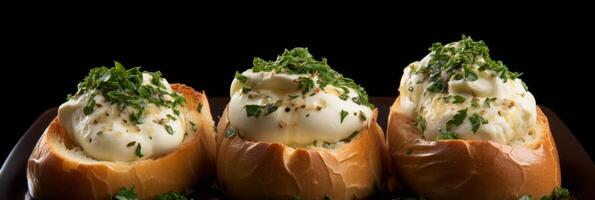 AI generated Delicious buttered buns with sliced bread and fresh parsley. Copy space banner for text. photo