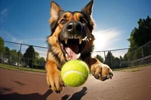 AI generated Adorable dog German Shepherd playing fetch with tennis ball, funny pet enjoying outdoor activity in the park photo