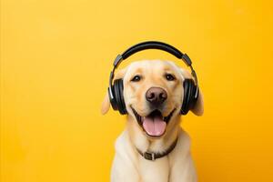 AI generated Happy DJ dog Labrador Retriever in headphones listens to music on yellow background with space for text photo