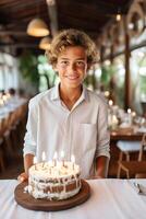 ai generado emocionado pequeño chico con vistoso cumpleaños pastel para festivo celebracion y Copiar espacio foto