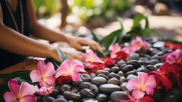 AI generated Massage therapists hands holding smooth hot stones for relaxing massage therapy session photo