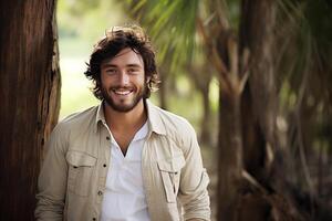 ai generado retrato de hermoso joven hombre con hermosa sonrisa y brillante blanco dientes - dental cuidado concepto foto