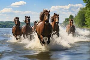 AI generated Majestic herd of horses galloping across the serene river with ample space for captivating text photo