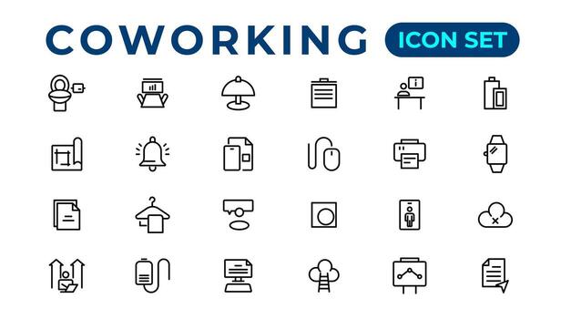 Coworking Service Vector Icons Set Collection. Coworking space office thin line icons set. Editable vector icon.