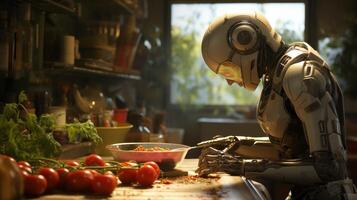 AI generated Modern kitchen robot preparing and cooking dinner, checking digital recipe on screen photo