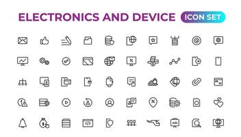 electrónica y dispositivo líneas icono colocar. electrónico dispositivos y artilugio, computadora, equipo y electrónica. computadora monitor, teléfono inteligente, tableta y ordenador portátil sumbol recopilación. vector