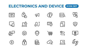 electrónica y dispositivo líneas icono colocar. electrónico dispositivos y artilugio, computadora, equipo y electrónica. computadora monitor, teléfono inteligente, tableta y ordenador portátil sumbol recopilación. vector