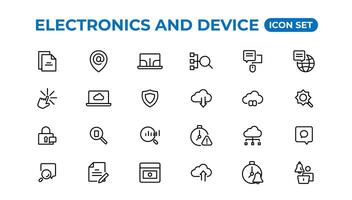 electrónica y dispositivo líneas icono colocar. electrónico dispositivos y artilugio, computadora, equipo y electrónica. computadora monitor, teléfono inteligente, tableta y ordenador portátil sumbol recopilación. vector