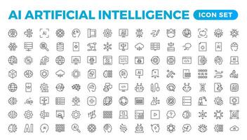 Set of Ai artificial intelligence icon set vector collection. AI Essentials line Icon collection, artificial intelligence icon set in line style, machine learning, smart robotic Free Vector