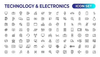 tecnología y electrónica y dispositivos web íconos en línea estilo. dispositivo, teléfono, computadora portátil, comunicación, teléfono inteligente, comercio electrónico vector ilustración.