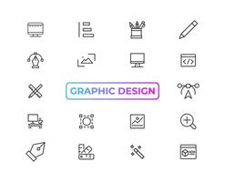 Set of thin line icons of graphic design. Simple linear icons in a modern style flat, Creative Process. Graphic design, creative package, stationary, software and more simple UI, UX vector icons