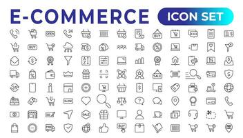 E-Commerce set of web icons in line style. Online shopping icons for web and mobile app. Business, mobile shop, digital marketing, bank card, gifts, sale, delivery. Vector illustration