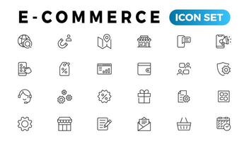 E-commerce icon set. Online shopping and delivery elements. E-business symbol. Icons vector collection.