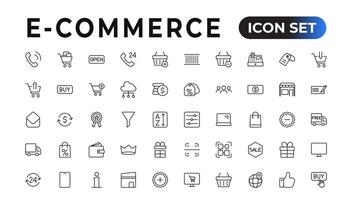 E-Commerce set of web icons in line style. Online shopping icons for web and mobile app. Business, mobile shop, digital marketing, bank card, gifts, sale, delivery. Vector illustration