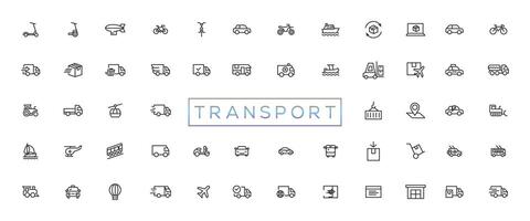 transporte, vehículo y entrega elementos - mínimo Delgado línea web icono colocar. contorno íconos colección vector