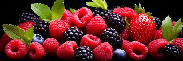 AI generated Vibrant and tempting mixed berry medley background banner bursting with delicious freshness photo