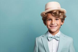 AI generated Smiling little boy wearing a stylish hat and suit, looking at the camera on blue background photo