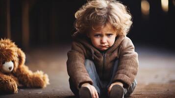 AI generated upset boy sitting and crying on schoolyard floor with copy space and defocused background for text photo