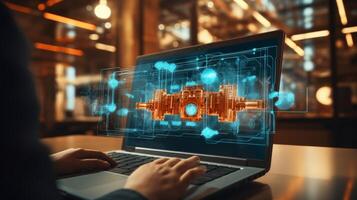 AI generated Woman using laptop with privacy lock icon on virtual screen for secure online browsing photo