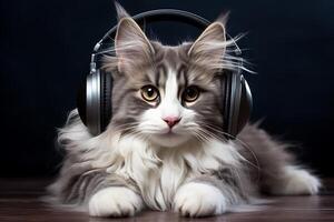 AI generated Adorable dj cat wearing headphones enjoys listening to music with space for text in the background photo