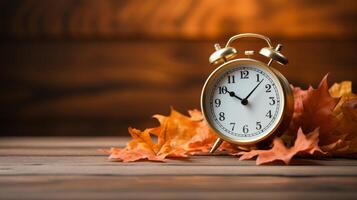 AI generated Daylight saving time. Alarm clock and orange leaves. Autumn fall. Winter approaches. photo